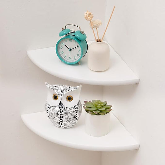 Corner Shelf, White Floating Corner Shelf, Set of 2 7inch Solid Oak Wood Corner Wall Shelves, Round End Wall Mount Display Shelf with Wire Hole for Small Plant for Bedroom Kitchen, Living Room