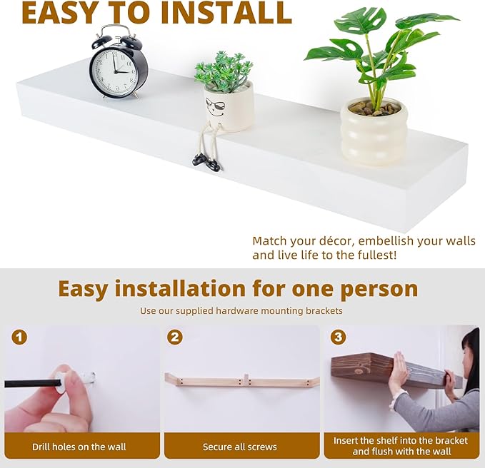 Floating Shelves 3 inch Thick for Wall Set of 2,Solid Pine Wood Wall Mount Shelf for Kitchen Living Room Bedroom Bathroom,8" D x 36" L x 3" H-White