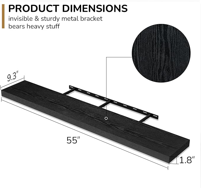 Fun Memories 55 Inch Floating Shelves - 9 Inch Deep Rustic Wooden Wall Shelves - Extra Deeper & Thicker Wall Mounted Storage Shelf for Living Room Kitchen Farmhouse - Rustic Black