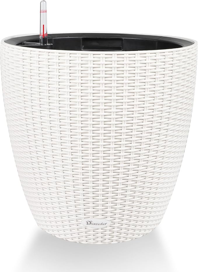 Dexceder 18x17 Inches Rattan Self Watering Planter Indoor Outdoor, Inner Pot Design, Thickened Table Flower Plant Pot with Water Level Indicator (Ivory White)