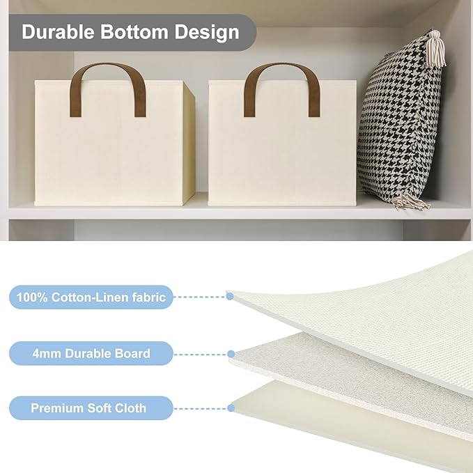 Closet Storage Bins, Fabric Closet Organizers and Storage Basket for Shelves, Collapsible Shelf Baskets for Organizing Shelves, Bedroom Clothes Basket, Beige, 3 Pack