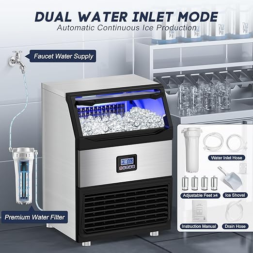 Commercial Ice Maker Machine 250LBS/24H with 75LBS Storage Bin, Stainless Steel Undercounter/Freestanding Ice Maker Machine for Home Bar Outdoor, 80PCS Ice Cubes Ice Machine, Self Cleaning