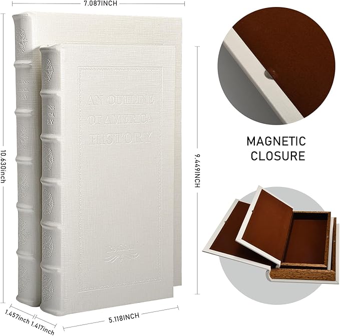 Decorative White Faux Leather Wooden Book Box for Home Decor, Cafe Table, and Bookshelf - Fashion Storage Box (YD-C105 L+S)