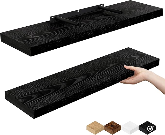 Fun Memories Floating Shelves for Wall, 24" Rustic Wood Deep Wall Mounted Shelves with Invisible Brackets for Decor & Storage, Floating Shelf for Living Room, Bathroom (Black, Set of 2)