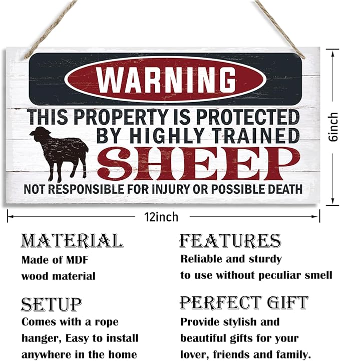 Funny Warning Signs, The Property is Protected By Highly Trained Sheep Sign, Decorative Wood Hanging Wood Plaque, Sheep Wall Decor, Farm Fence Decor, Home Garden Decor for Indoor Outdoor Use