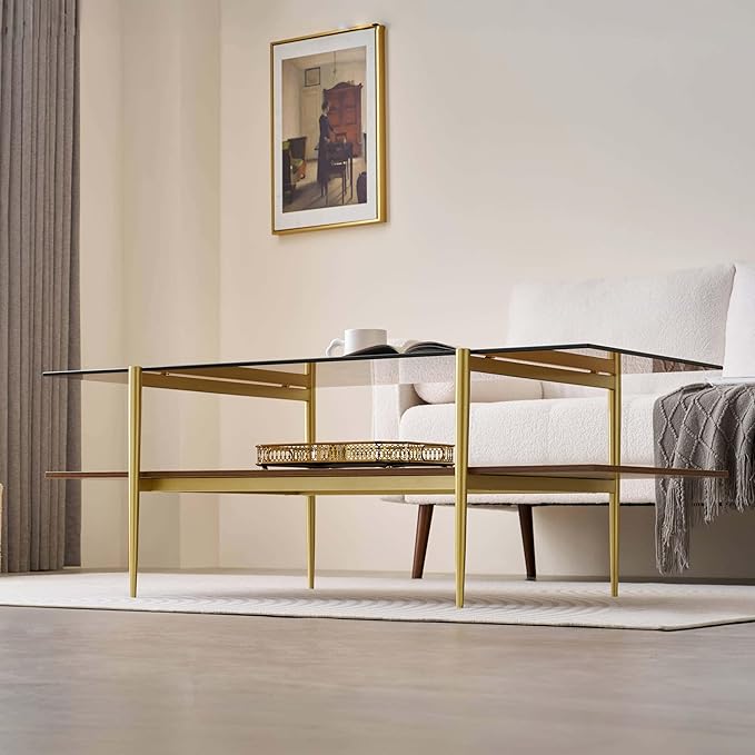 Extra Large Rectangle Glass Coffee Table, Mid-Century Modern Design for Living Room, L47 x W24 x H17, Amber Glass Top and Walnut MDF Shelf, Sleek Conical Metal Legs with Gold Finish