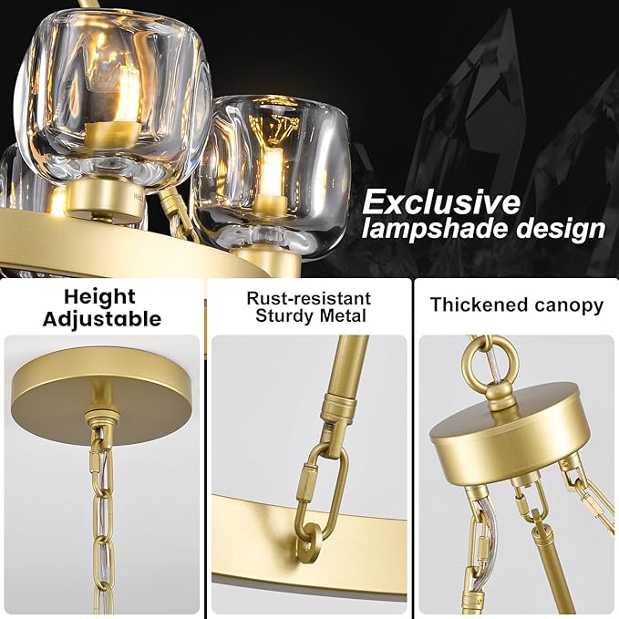 Gold Wagon Wheel Chandelier, 24 Inch Brass Chandeliers with Unique Glass Shade, 6-Light Crystal Farmhouse Wagon Wheel Chandeliers for Dining Room, Round Chandelier for Living Room, Foyer, Entryway