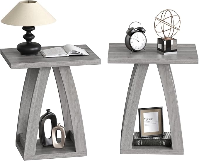 End Tables Living Room, Side Table Beside Sofa, Nightstand for Bedroom, Couch Side Table with Shelf, Modern End Table for Living Room, Grey End Table Set of 2