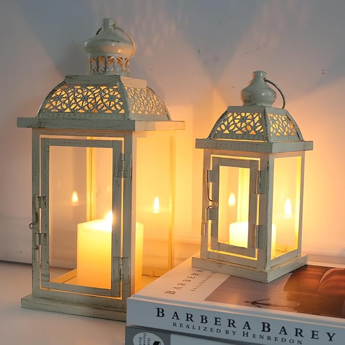 DECORKEY Large Lantern Decorative Outdoor & Indoor, Set of 2 (14’’&10’’) Metal Candle Lanterns Decor, Vintage Hanging Candle Holder for Front Porch Patio Wedding Farmhouse Home, Spring Decoration