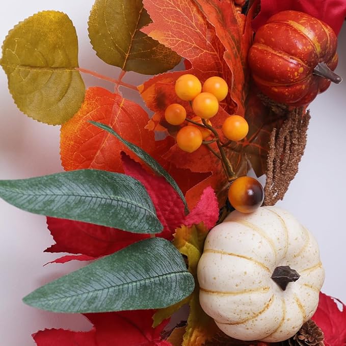 Fall Wreaths for Front Door, DECSPAS 21" Fall Wreath with Maple Leaves Pumpkin Berries, Autumn Decorations for Home, Artificial Harvest Door Wreath Outside, Window, Wall, Fireplace, Thanksgiving Decor