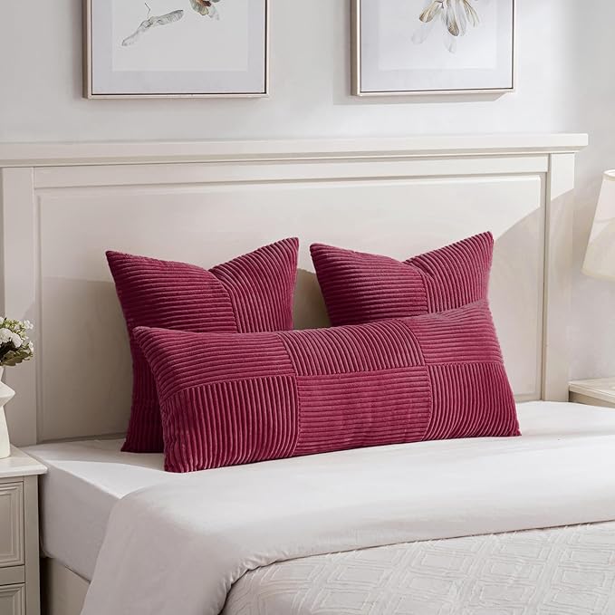 Fancy Homi 2 Packs Burgundy Red Decorative Throw Pillow Covers 20x20 Inch for Living Room Couch Bed Sofa, Farmhouse Boho Home Decor, Soft Corss Corduroy Patchwork Accent Cushion Case 50x50 cm