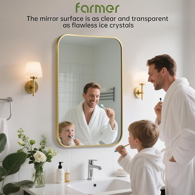 FARMER 24x32 Inch Gold Bathroom Mirror, Rectangle Vanity Mirror, Brushed Mirrors for Wall, Metal Frame Hanging Mirror with Round Corner for Bedrooms, Entryways, Living Rooms, Horizontal/Vertical