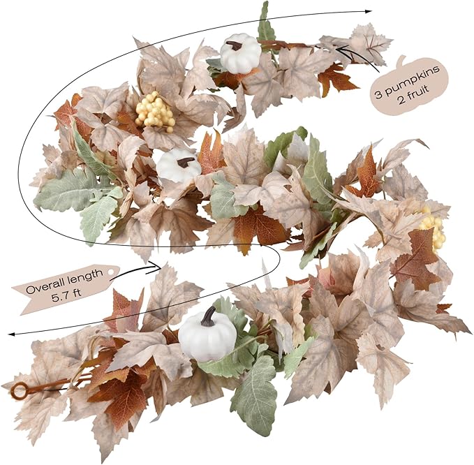 DearHouse Fall Maple Leaf Garland, 5.9Ft Hanging Vine Artificial Autumn Foliage for Thanksgiving, Home, Wedding, Fireplace, Party, Christmas Decor (White)