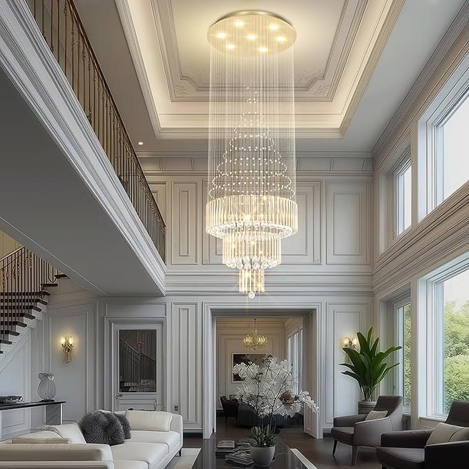 Flashing God D24''XH86'' Modern Foyer Chandelier for High Ceiling Raindrop Crystal Chandelier High Ceiling Pendant Light Fixture for Hallway Living Room (Gold Staircase Chandeliers)
