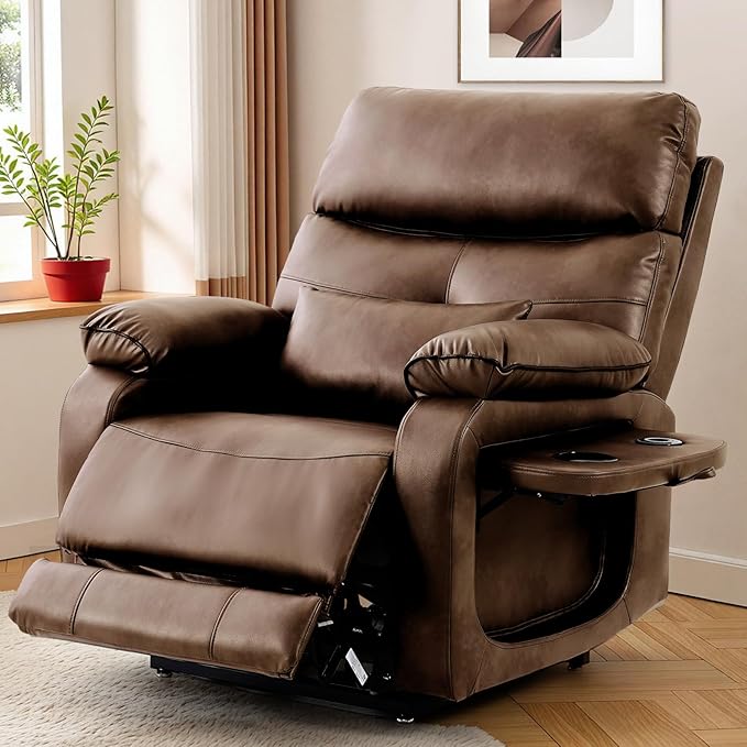 Dual Motor Power Lift Recliner Chair for Adult & Elderly, Infinite Position Lay Flat Lift Chair with Heat & Massage, Cup Holder, Lumbar Pillow, Wireless Charger, USB Ports, Leather (Ochre)