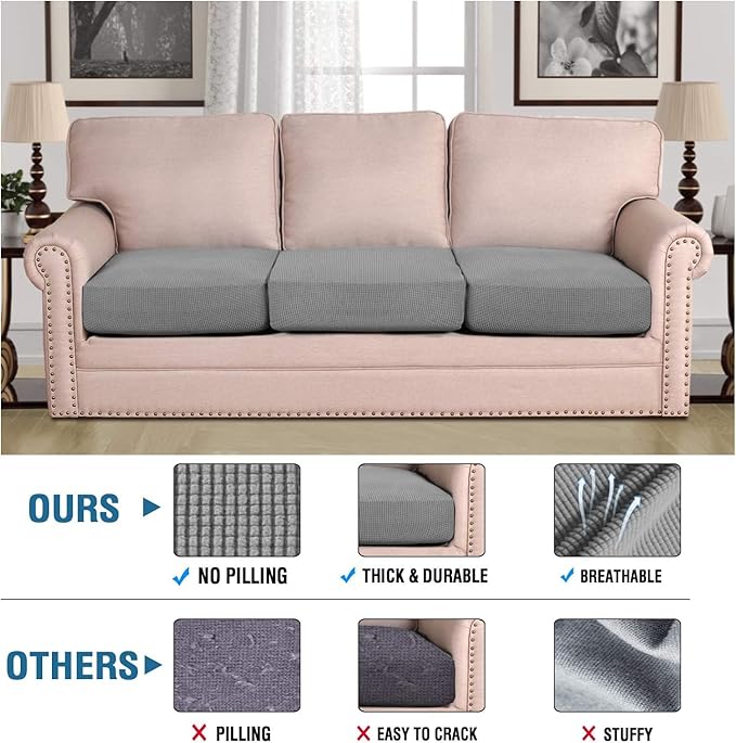 H.VERSAILTEX Super Stretch Individual Seat Cushion Covers - Sofa & Couch Cushion Slipcover Sets - Thick Jacquard Textured Twill Fabric (3 Piece XL, Dove)