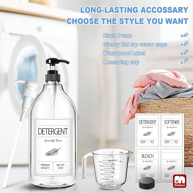 GMISUN Laundry Detergent Soap Dispenser, Liquid Laundry Detergent Dispenser, Container for Farmhouse Room Decor, Organizer for Liquid DetergentSoftenerBleach Storage Bottle(64 Oz Set of 4)