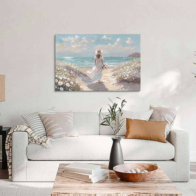 cozy country Beach Wall Art 36"x24" - Coastal Pictures Ocean Canvas Decor - Nautical Artwork Seascape Hand Painting for Girls Room, Sea House