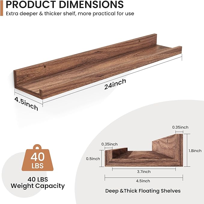 Fun Memories Picture Ledge Shelves Set of 2, 24 Inch Rustic Wall Mounted Floating Shelves with Lip for Home Storage and Décor in Bathroom, Kitchen, Nursery, Bedroom, Living Room, Walnut