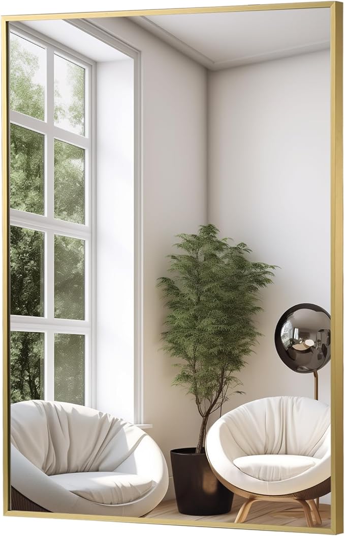 FARMER 22x30 Inch Gold Bathroom Mirror, Rectangle Wall Mounted Mirror, Vanity Mirror, Brushed Square Mirror, Framed Bathroom Mirror for Bedrooms, Entryways, Living Rooms, Horizontal/Vertical