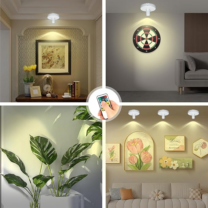 Cordless Spotlight Battery Powered, LED Accent Lighting with Remote and Timer, Display Puck Lights, Stick Uplight for Tree Portrait Gallery Picture Dartboard Painting Art Photo Plant