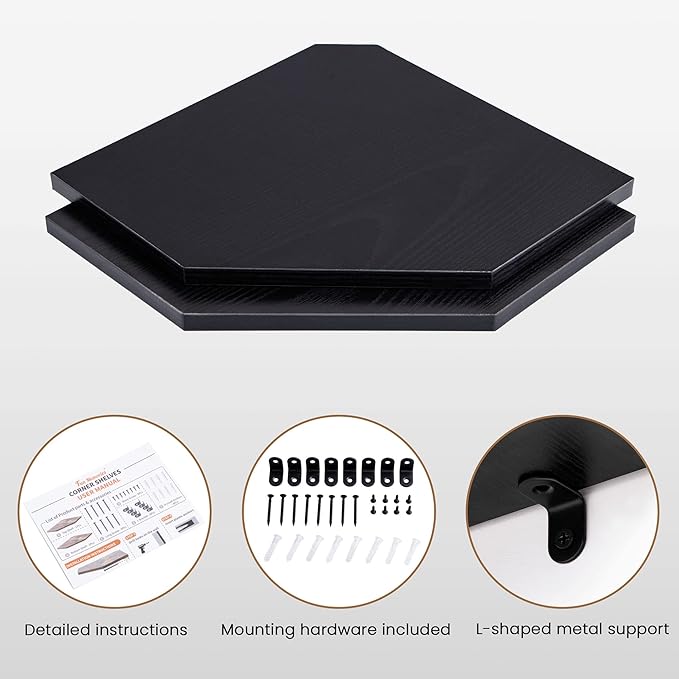 Corner Shelf Wall Mount, Floating Corner Shelves, Set of 4 Corner Wall Shelf Organizer, Rustic Wood Wall Storage Display Shelves for Living Room Bedroom Bathroom Kitchen, Classic Black