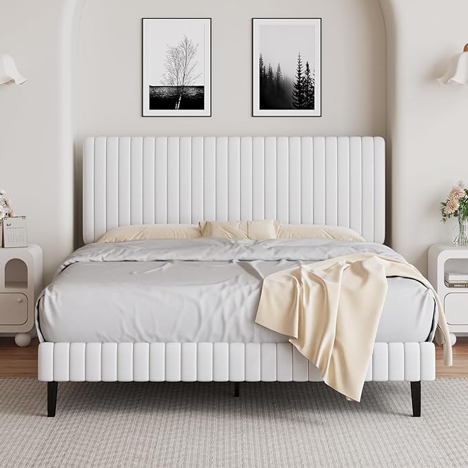 Full Size Bed Frame with Headboard, Velvet Upholstered Platform Bed with Vertical Channel Tufted Design, No Box Spring Required, Easy Assembly, White