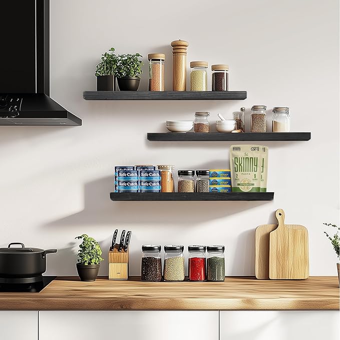 Floating Wall Shelves 3-Pack - 24-Inch Rustic Black Wooden Shelves for Storage and Décor, Easy Installation for Living Room, Bedroom, and Kitchen