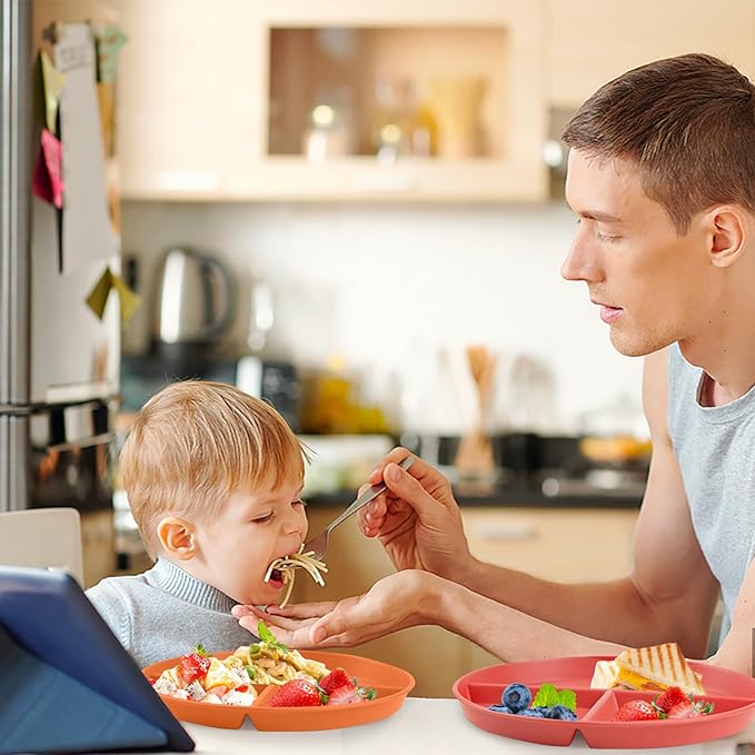 greenandlife 9 Inch 4PCS Unbreakable Portion Control Plates, Divided Plates for Kids Adults, Dishwasher & Microwave Safe Compartment Plate, Lightweight Reusable Wheat Straw Plate, BPA Free