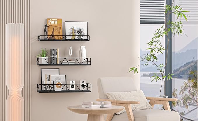 Floating Shelves Set of 3, Home Wood Wall Shelf, Farmhouse Shelf for Bedroom, Wall Mounted Floating Shelf for Living Room, Bedroom, Bathroom, Kitchen, Office (Black 2)