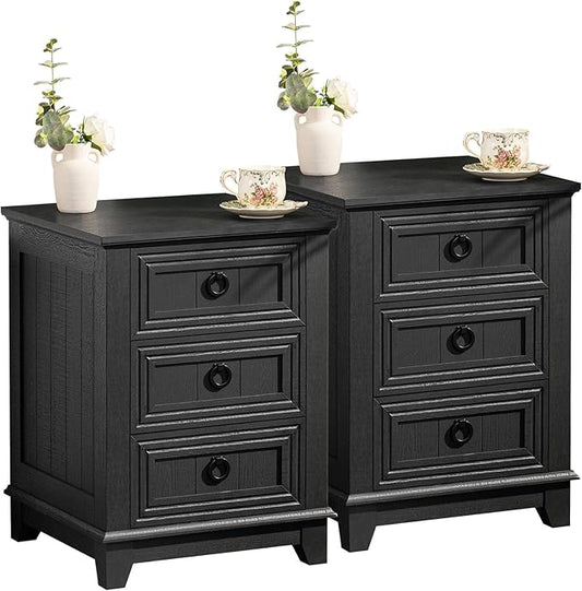 Farmhouse Night Stand Set of 2, 18" End Table with 3 Drawer Metal Handle, Dresser for Bedroom, Sofa Bed Side Table Chest of Drawers,Wood Nightstand Cabinet for Organizer, Living Room-Black
