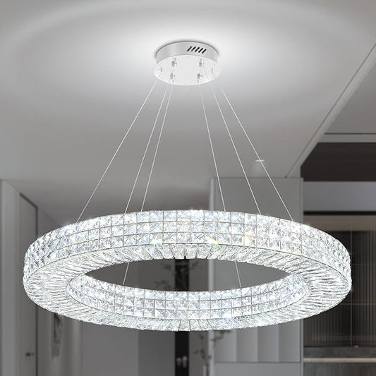 Dia 32" Ring Crystal Chandelier Modern Silver Ring Chandelier Adjustable Height Luxury Crystal Pendant Ceiling Light Fixture for Dining Living Room Bedroom