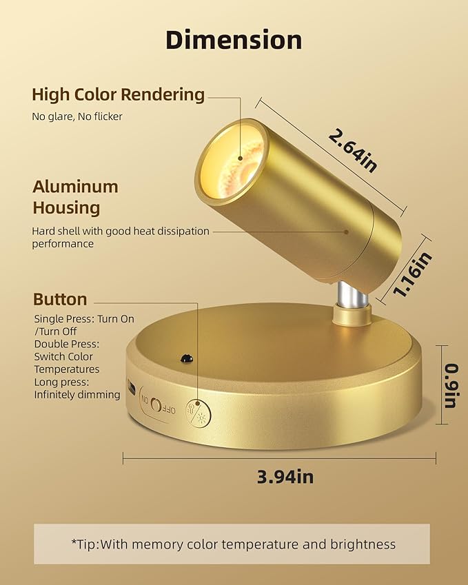 EZVALO LED Spotlight Indoor, 5500mAh Rechargeable Battery Uplighting Indoor, Wireless Mini Art Accent Spot Lights with Remote, for Plants Display Painting Dartboard Artwork Portrait Closet(2Pack-Gold)