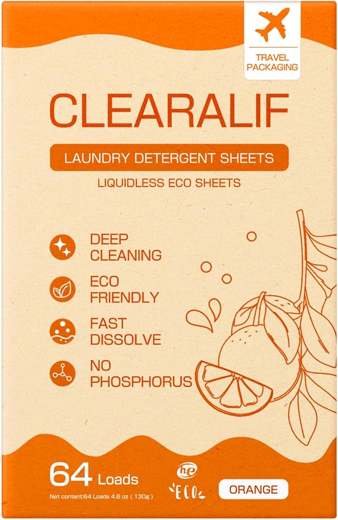 CLEARALIF Laundry Detergent Sheets, Orange, 64 Load, CLEARALIF Laundry Detergent Strips Eco Friendly & Hypoallergenic