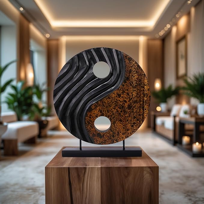 Decozen Handcrafted Solid Wood Yin Yang Sculpture Ideal for Home, Mantel, Fireplace, and Foyer Decor - Valentines Day Gifts