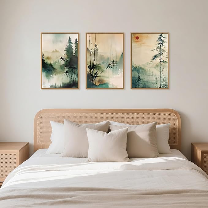Chinoiserie Nature Framed Canvas Wall Art Set, Mountain and Forest Landscape Painting, Natural Bamboo Pine Tree Lakes Wall Decor for Living Room, Bedroom, Dining Room, Office - 16"x24"x3