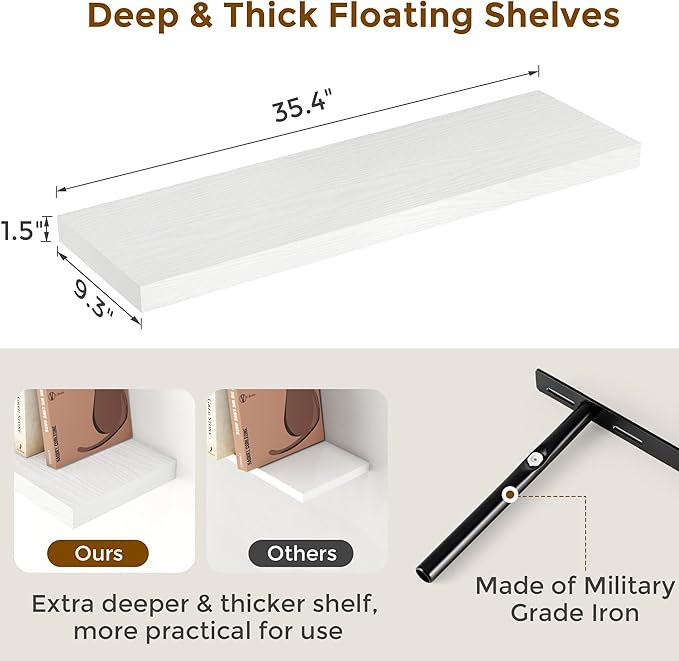 Fun Memories White Floating Shelves 36 Inch Long, 9 Inch Deep Wall Shelves Set of 2, 36 x 9 Floating Shelf for Wall, Rustic Wood Floating Shelves for Kitchen, Living Room, Bedroom