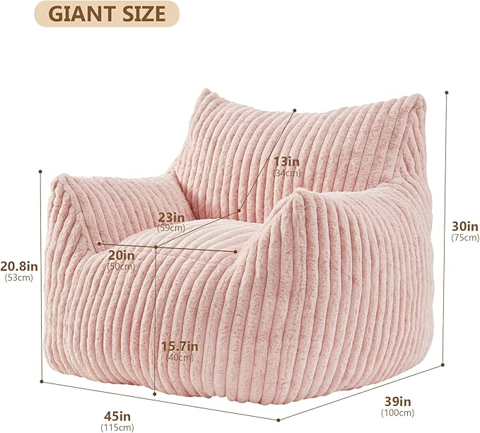 Giant Bean Bag Chairs for Adults Teens, Large Bean Bag Sofa Chairs with Filling Comfy Fuzzy BeanBag Chair with Armrests for Bedroom Living Room Reading