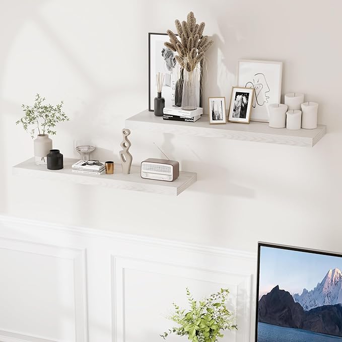 Fun Memories Rustic Wood Floating Shelves for Wall, 36 x 9 Wall Shelves Set of 2, Deep Floating Shelf for Kitchen, Living Room Storage & Display, Deep Wooden Bookshelf, Brich Color