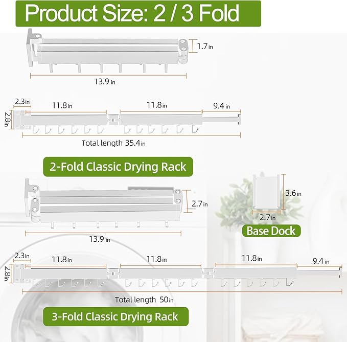 Foldable Clothes Drying Rack, 2 Fold Laundry Drying Rack Wall Mount, [No Drilling] Folding & Durable Space Saver for Laundry, Balcony, Bathroom, Patio, Dormitory, Apartment-White