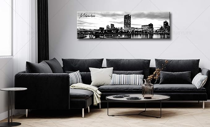 DJSYLIFE Milwaukee Skyline Wall Art Black and White Stretched Canvas Wall Art Prints for Bedroom or Office Decoration Ready to Hang 13.8" x 47.3"