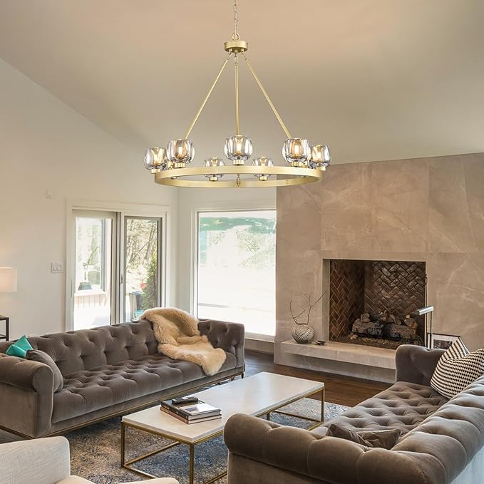 Gold Wagon Wheel Chandelier, 36 Inch Brass Chandeliers with Unique Glass Shade, 9-Light Crystal Farmhouse Wagon Wheel Chandeliers for Dining Room, Round Chandelier for Living Room, Foyer, Entryway