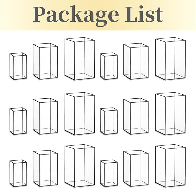 Glass Hurricane Candle Holder Large - Hewory 18pcs Black Rectangle Flower Holders Centerpiece for Table, Tall Floor Square Pillar Candle Lantern for Wedding, Anniversary, Party, Fireplace, Dining Room