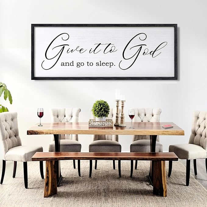 Give It To God And Go To Sleep Sign Wall Decor 40x15 Inch Large Farmhouse Master Bedroom Above Bed Hanging Wall Art Rustic Guest Room Wood Framed Over Bed Wall Decoration (Black)