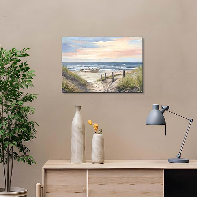 cozy country Ocean Wall Art 16"x11" - Coastal Pictures Beach Canvas Decor - Seashore Artwork Seascape Painting for Bathroom, Bedroom, Sea House