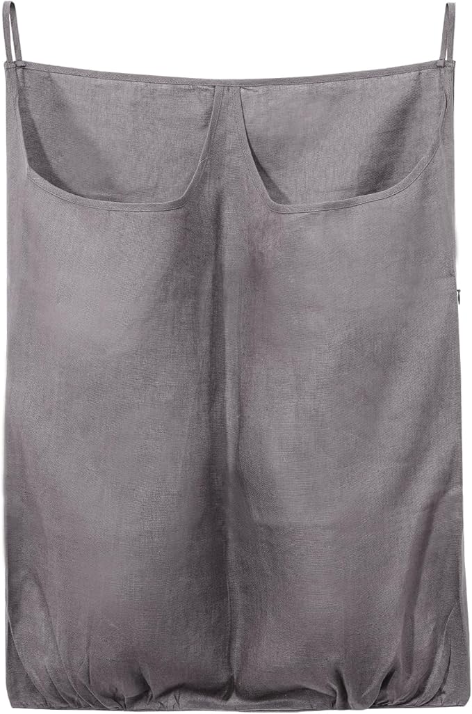 100% Pure Linen Dual Hanging Laundry Bag with 2 Deep Pocket and 2 Side Zipper 20x27in, Over The Door Laundry Hamper Space Saving Hampers for Dirty Clothes Home Travel, Grey