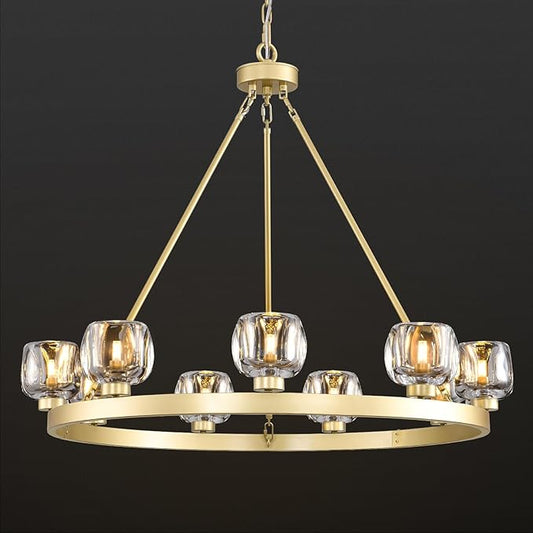 Gold Wagon Wheel Chandelier, 36 Inch Brass Chandeliers with Unique Glass Shade, 9-Light Crystal Farmhouse Wagon Wheel Chandeliers for Dining Room, Round Chandelier for Living Room, Foyer, Entryway