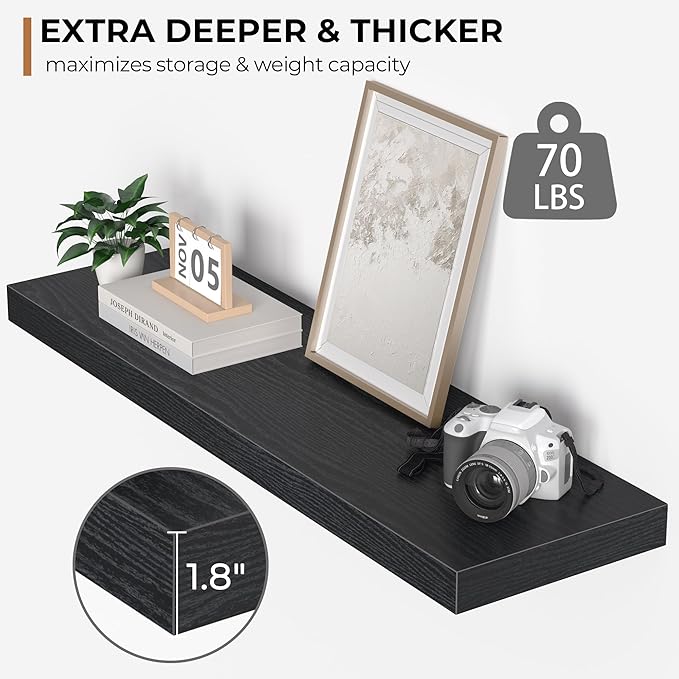 Floating Shelves - 10.3 Inch Deep Wall Shelf for Decor & Storage - Wall Mounted Display Shelving with Invisible Heavy-Duty Metal Bracket - 36" W x 10.3" D x 1.8" H - Set of 1 - Rustic Black