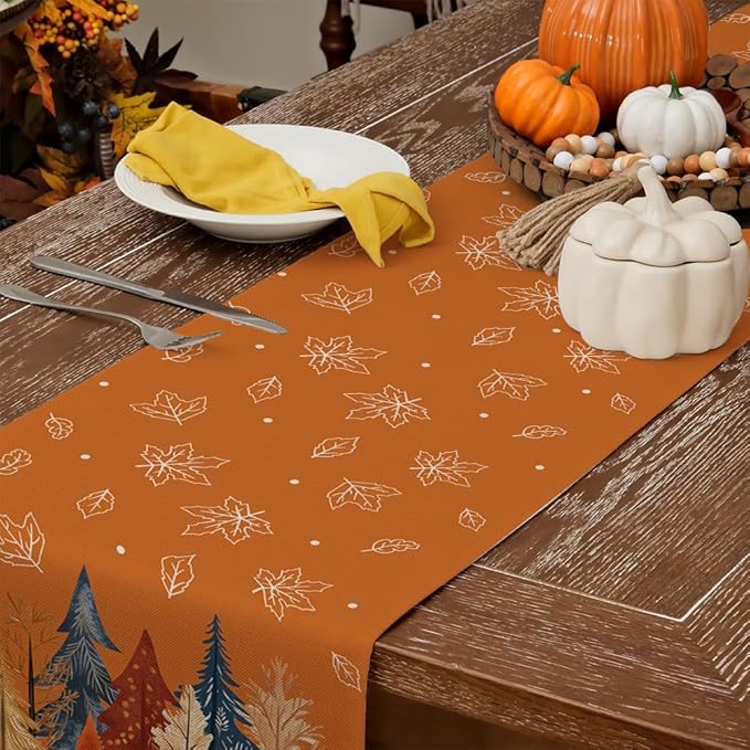 GEEORY Fall Watercolor Trees & Maple Leaves Table Runner 13x90 Inch, Rustic Farmhouse Autumn Thanksgiving Decor for Kitchen, Dining, Indoor/Outdoor Holiday Dinner Party Orange GT158-90