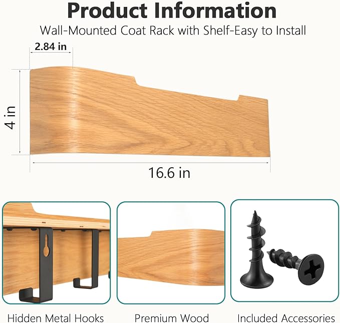 Coat Rack Wall Mount with Hidden Hooks Entryway Hanging Shelf Modern Wood Coat Hanger for Bedroom Kitchen Hallway Bathroom (Oak, 16.6 Inch Long)